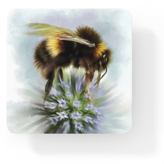 Bumble Bee Flower Floral Art with Purple Allium Square Personalised Coaster Gift Idea