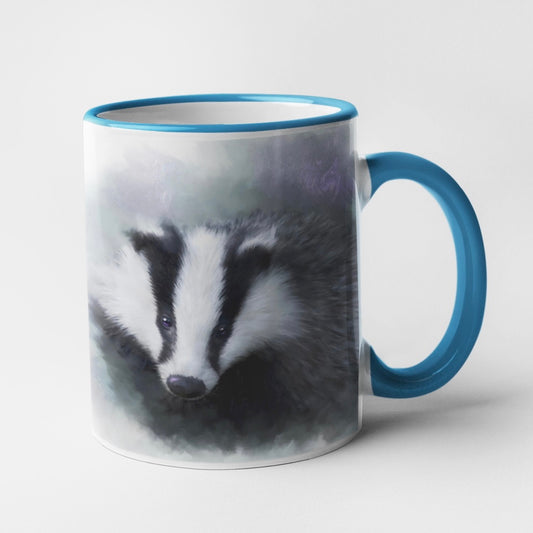 British Wildlife Art Badger Personalised Ceramic Mug with Coordinating Colour Gift Idea