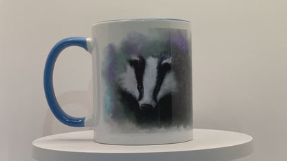 British Wildlife Art Badger Personalised Ceramic Mug with Coordinating Colour Gift Idea