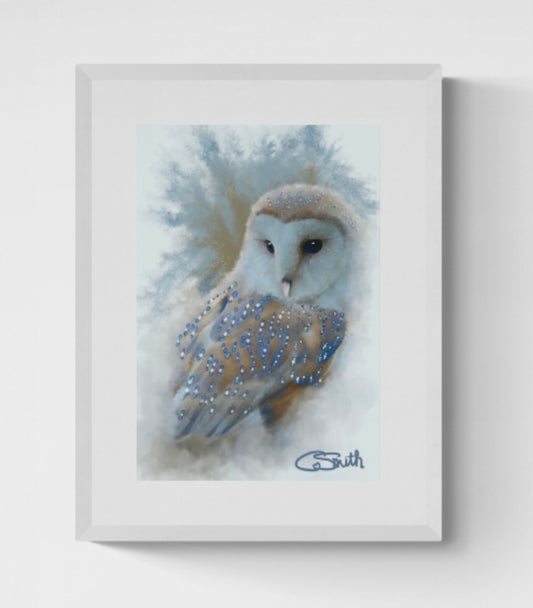 British Wildlife Art Barn Owl Framed Print Gift Idea  14" x 11" (Soft Grey or White Frame)
