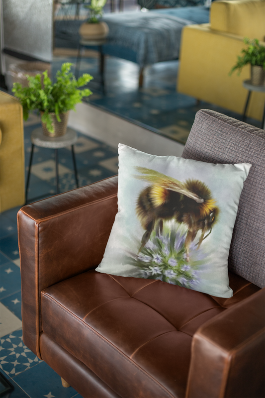 Bumble Bee Flower Floral Art with Purple Allium Premium Square Cushion Gift Idea 60x60cm