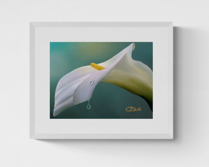 Flower Floral Art White & Teal Calla Lily Framed Print Gift Idea 14" x 11" (Matte Black or White Frame)