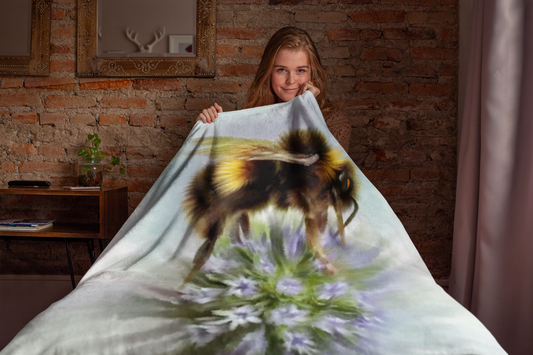 Bumble Bee Flower Floral Art with Purple Allium Premium Blanket Throw Gift Idea 200 x 150 cm / 60" x 80"