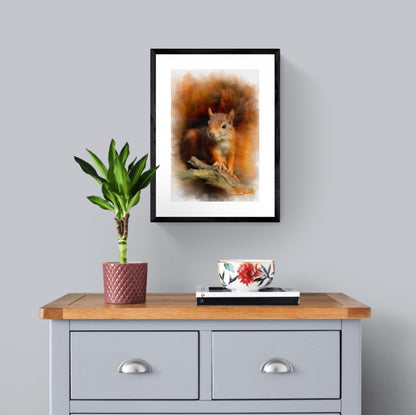British Wildlife Art Squirrel Framed Print 14" x 11" (Matte Black or White Frame) Gift Idea