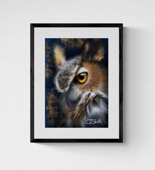 British Wildlife Art Owl Framed Print 14" x 11" (Matte Black or White Frame) Gift Idea