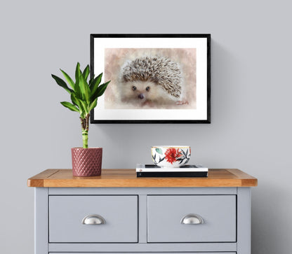 British Wildlife Art Hedgehog Framed Print Gift Idea 14" x 11" (Matte Black or White Frame)