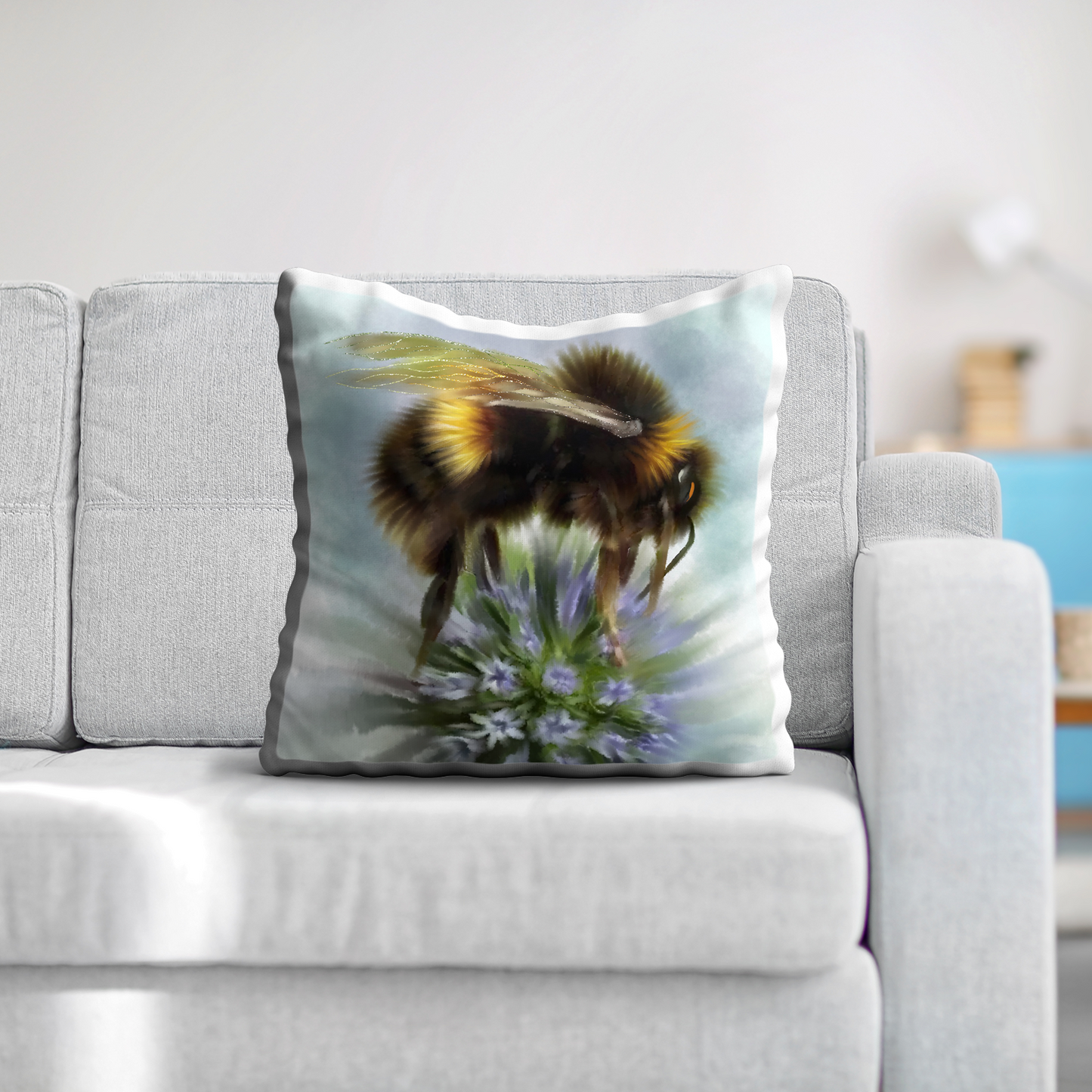 Bumble Bee Flower Floral Art with Purple Allium Premium Square Cushion Gift Idea 60x60cm