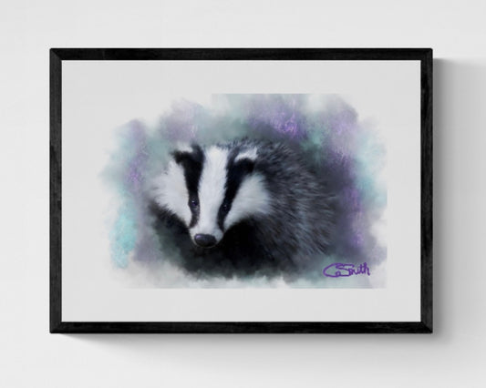 British Wildlife Art Badger Framed Print Gift Idea  14" x 11" (Matte Black or White Frame)