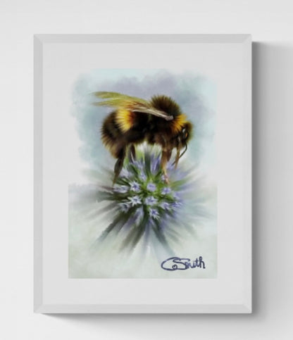 Bumble Bee Flower Floral Art with Purple Allium Framed Print Gift Idea 14" x 11" (Matte Black or White Frame)