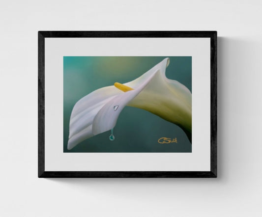 Flower Floral Art White & Teal Calla Lily Framed Print Gift Idea 14" x 11" (Matte Black or White Frame)