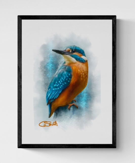 British Wildlife Art Kingfisher Framed Print 14" x 11" (Matte Black or White Frame) Gift Idea
