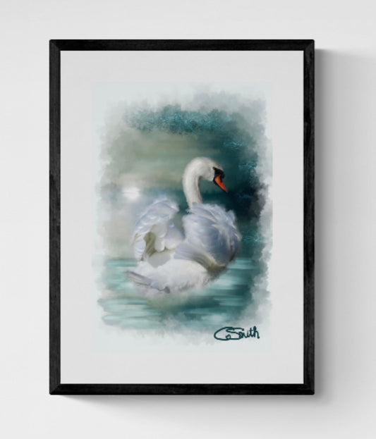 British Wildlife Art Swan Framed Print 14" x 11" (Matte Black or White Frame) Gift Idea
