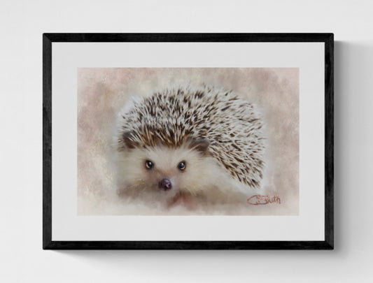 British Wildlife Art Hedgehog Framed Print Gift Idea 14" x 11" (Matte Black or White Frame)