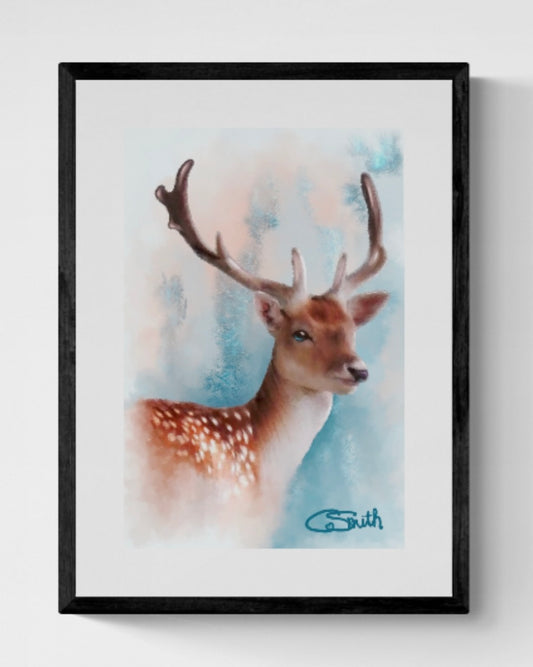 British Wildlife Art Deer Framed Print Gift 14" x 11" (Matte Black or White Frame)