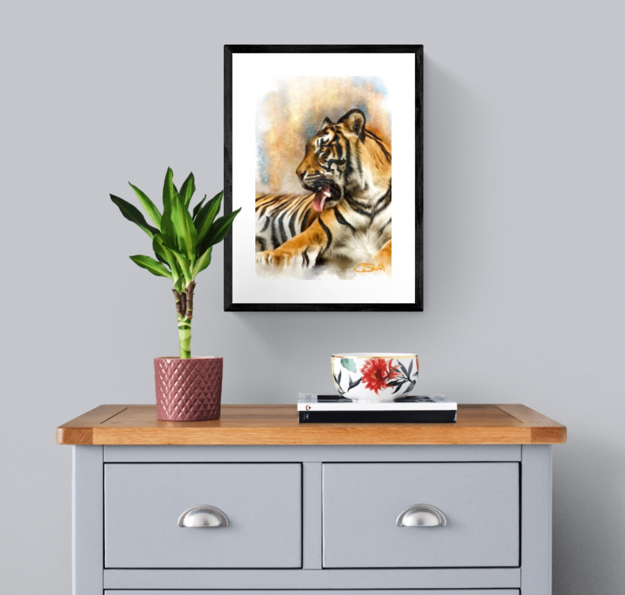 Wildlife Wild Animal Art Sitting Tiger Framed Print 14" x 11" (Matte Black or White Frame) Gift Idea