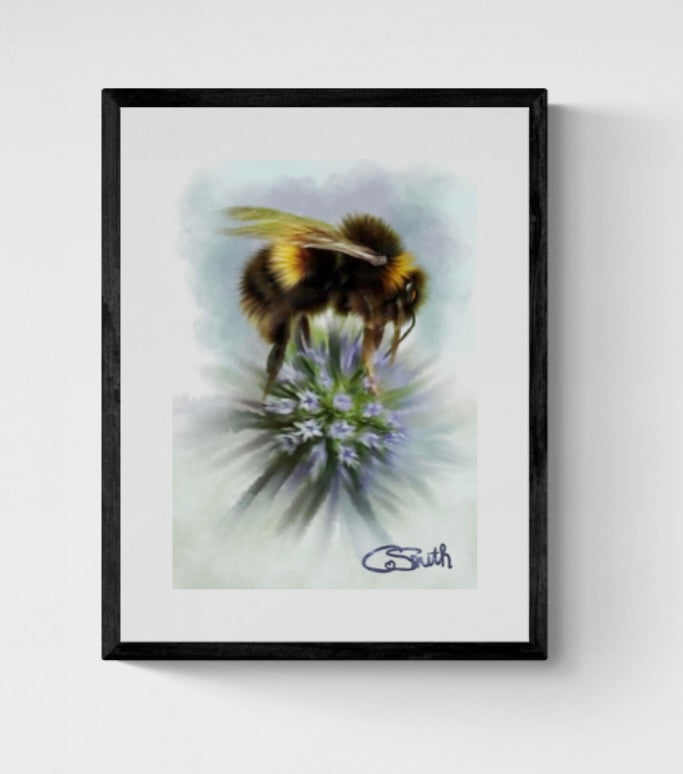 Bumble Bee Flower Floral Art with Purple Allium Framed Print Gift Idea 14" x 11" (Matte Black or White Frame)