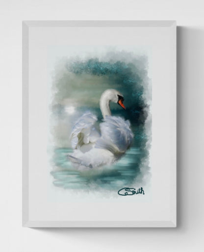 British Wildlife Art Swan Framed Print 14" x 11" (Matte Black or White Frame) Gift Idea