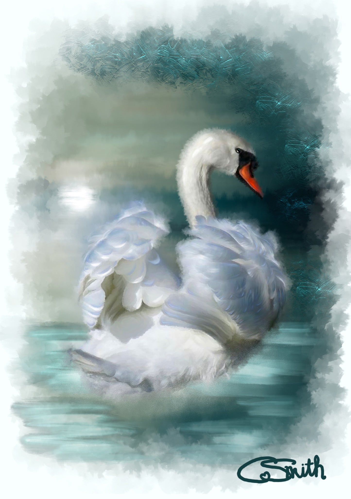 British Wildlife Art Swan Framed Print 14" x 11" (Matte Black or White Frame) Gift Idea