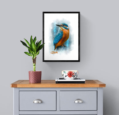 British Wildlife Art Kingfisher Framed Print 14" x 11" (Matte Black or White Frame) Gift Idea